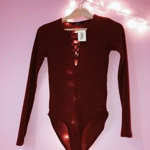 •Forever21 Laced Open Front Maroon Bodysuit•